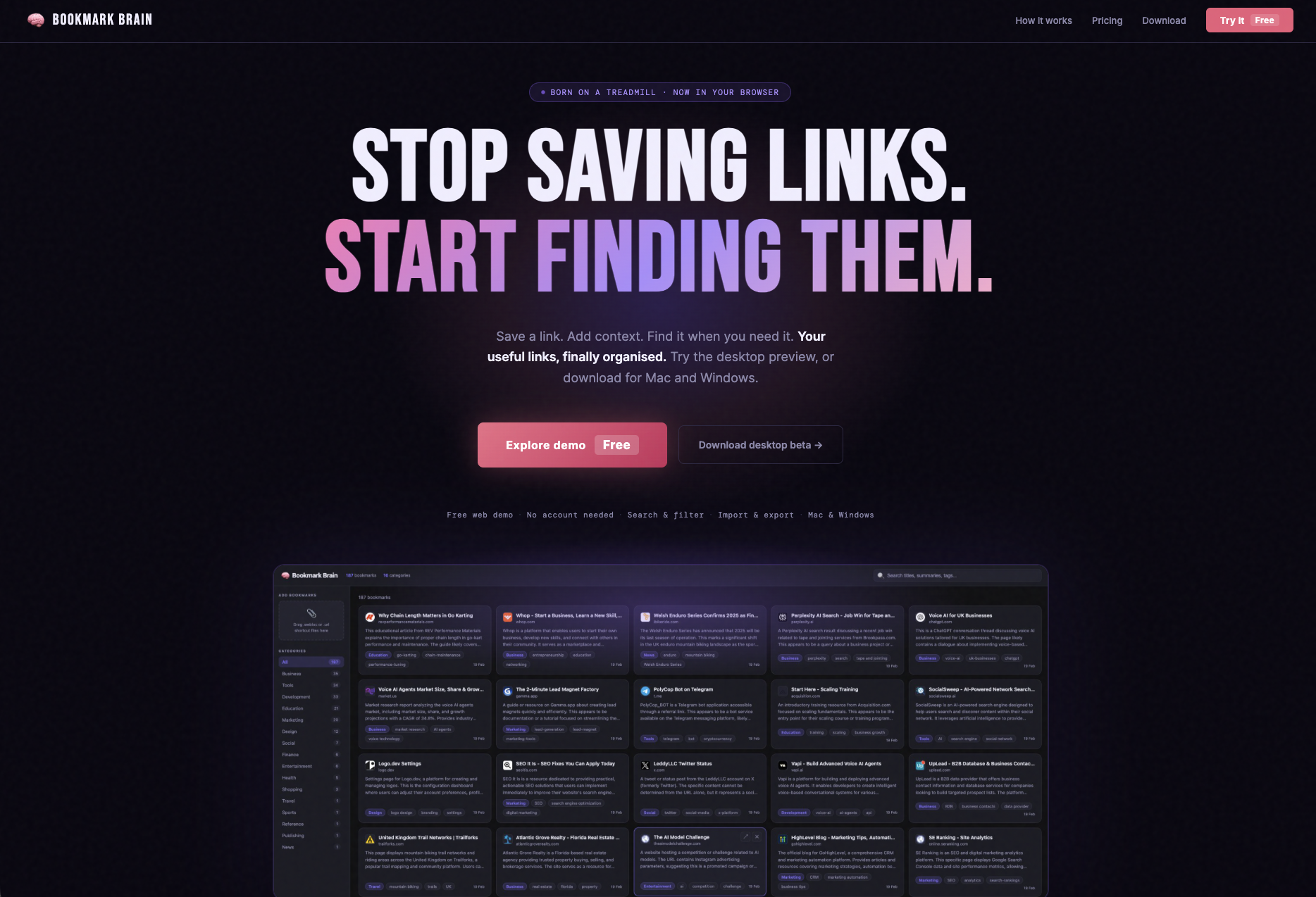 Bookmark Brain website and searchable bookmark library