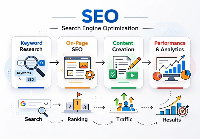 SEO process infographic showing keyword research, on-page SEO, content creation, and performance analytics
